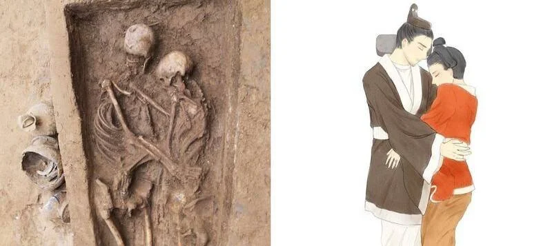 Dos esqueletos entrelazados en un enterramiento arqueológico, junto a una ilustración de una pareja abrazada con vestimenta tradicional china.