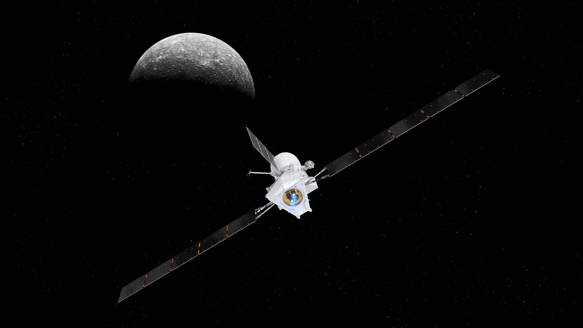 Ilustración de una sonda espacial con paneles solares extendidos aproximándose a un planeta rocoso y craterizado en el espacio.