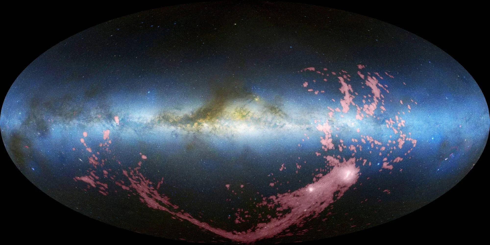 Proyección oval del cielo completo mostrando el plano de la Vía Láctea en azul y las nubes de gas hidrógeno en rosa que lo rodean.
