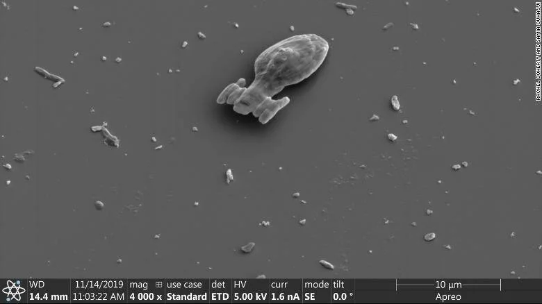 Imagen de microscopio electrónico de barrido que muestra una minúscula nave Enterprise de Star Trek fabricada a escala de 10 micrómetros.