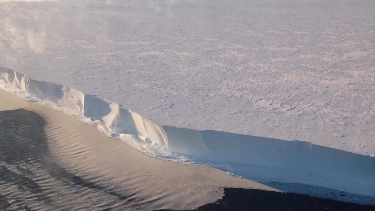 Vista aérea del acantilado de hielo de una plataforma glaciar antártica junto a una superficie oscura y nevada.