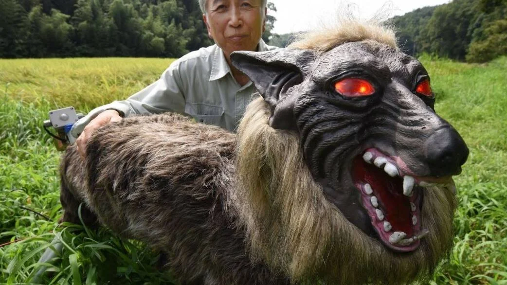 Un hombre presenta un robot con forma de lobo de ojos rojos brillantes y fauces abiertas, usado para espantar fauna en cultivos rurales de Japón.