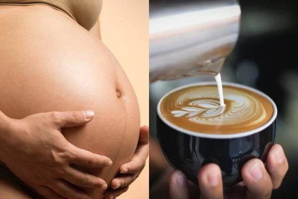Collage de mujer embarazada sosteniendo su vientre y una taza de café con leche art siendo servida.