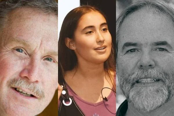 Collage con los rostros de tres personas: dos hombres adultos y una mujer joven con micrófono de solapa.