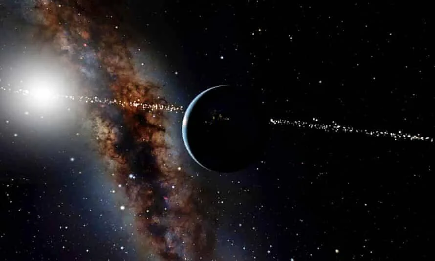 Ilustración artística de un planeta en el espacio con un cinturón de asteroides y la Vía Láctea de fondo.