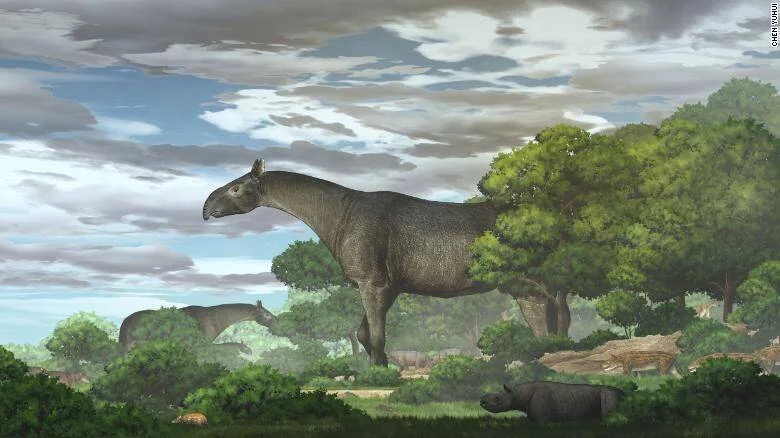 Recreación artística de un rinoceronte gigante prehistórico en un paisaje con árboles y cielo nublado, junto a otras criaturas similares más pequeñas.