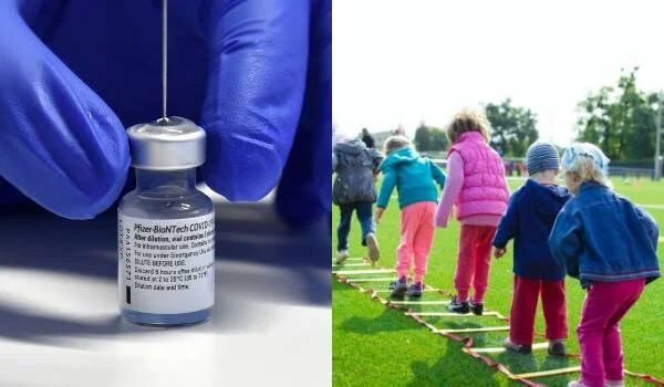 A la izquierda, mano con guante azul sostiene frasco de vacuna Pfizer-BioNTech; a la derecha, niños pequeños hacen ejercicio en escalera de agilidad al aire libre.