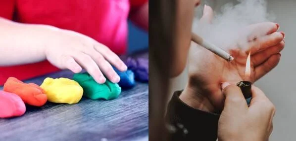 Collage que muestra la mano de un niño jugando con plastilina de colores junto a una persona encendiendo un cigarrillo.