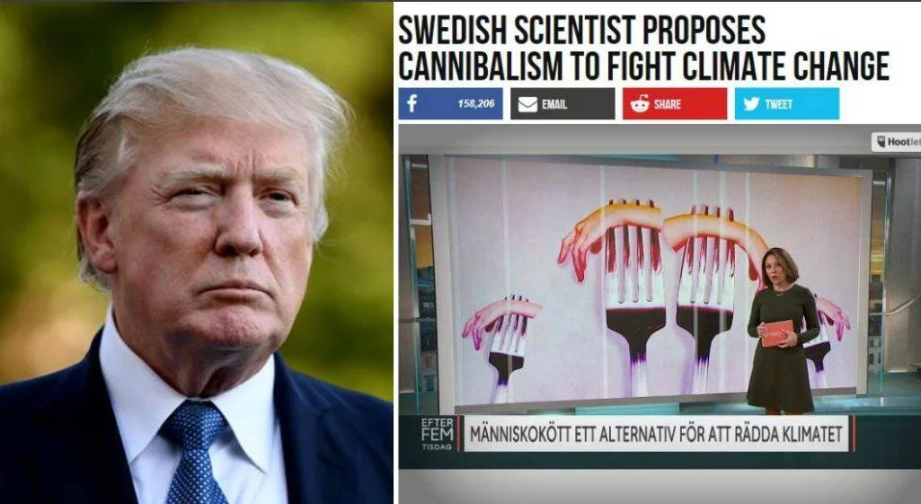 Collage con titular en inglés sobre científico sueco que propone canibalismo contra el cambio climático, junto a captura de noticiero sueco con imagen perturbadora de tenedores con manos.