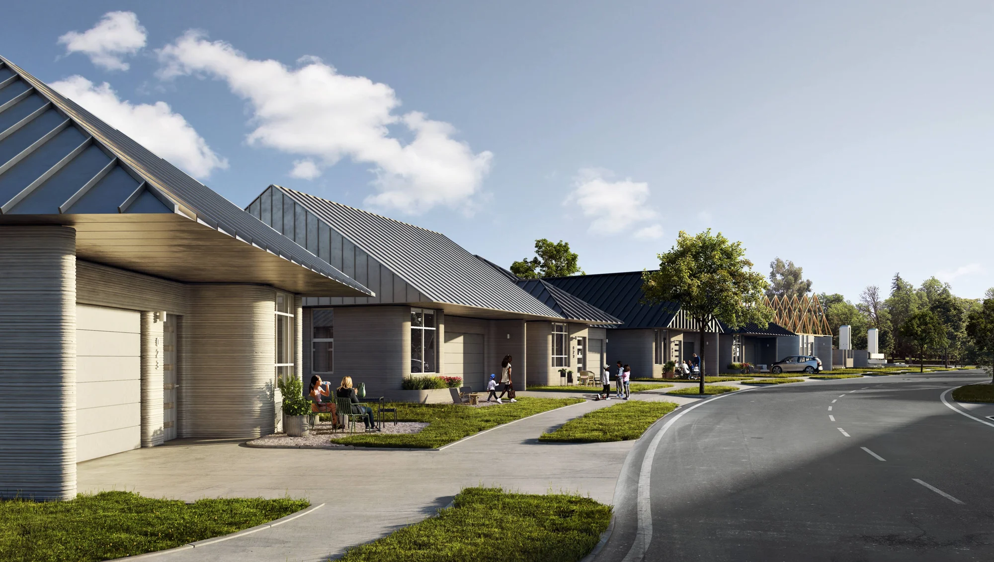 Renderizado arquitectónico de una hilera de casas con paredes impresas en 3D de hormigón, techos metálicos a dos aguas y vecinos en la calle.