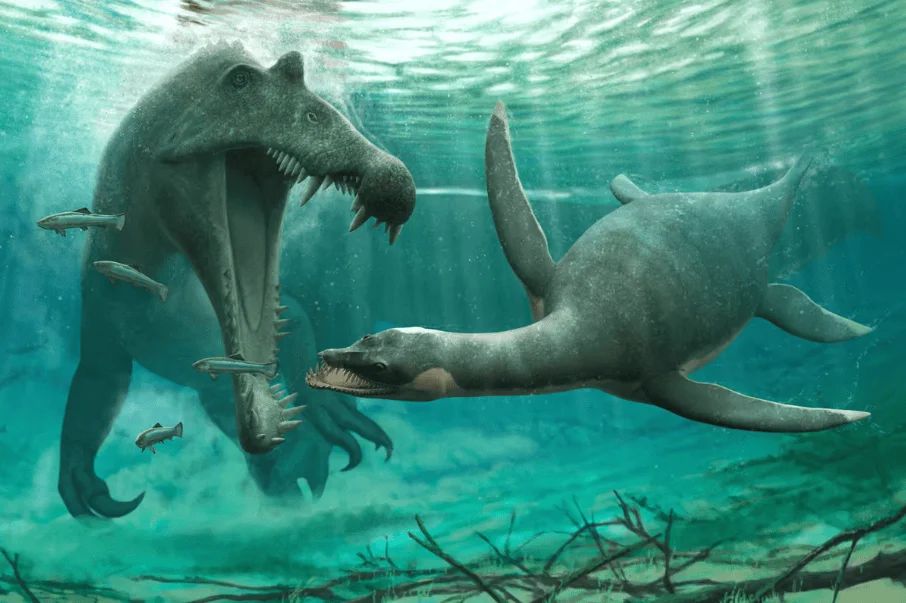 Recreación artística de dos grandes reptiles marinos prehistóricos en confrontación en un entorno acuático con peces y vegetación submarina.