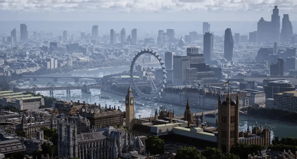Panorámica aérea de Londres con el Big Ben, el Parlamento, el London Eye y el río Támesis bajo cielo nublado.