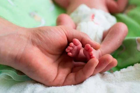 Una mano adulta sostiene delicadamente los pequeños pies de un bebé recién nacido sobre una manta blanca.