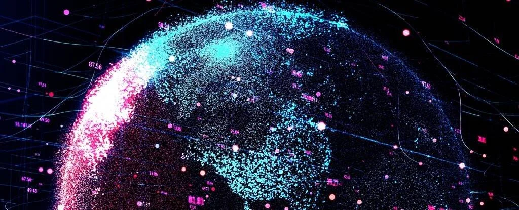 Esfera digital con partículas de luz cian y magenta sobre fondo negro, rodeada de datos numéricos flotantes.