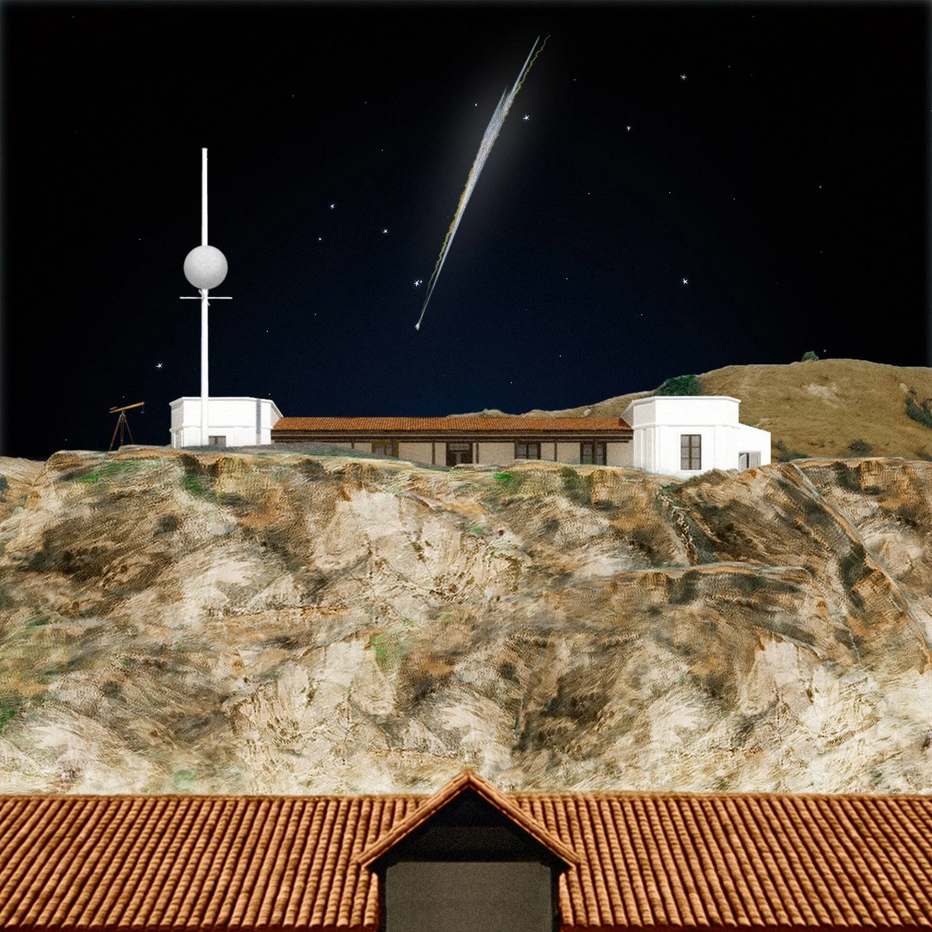 Ilustración de un observatorio astronómico sobre una colina árida bajo un cielo nocturno con un cometa luminoso cruzando el firmamento.