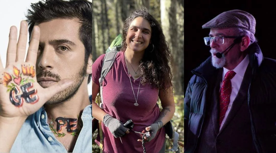 Collage de tres personas: un hombre joven con mensajes pintados en la mano, una mujer con mochila en un bosque y un hombre mayor con boina y traje.