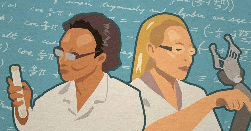 Ilustración de dos científicos con bata blanca y gafas rodeados de fórmulas matemáticas y ecuaciones escritas en un fondo azul.