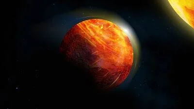 Ilustración de un exoplaneta rocoso de superficie incandescente orbitando cerca de una estrella en el espacio.