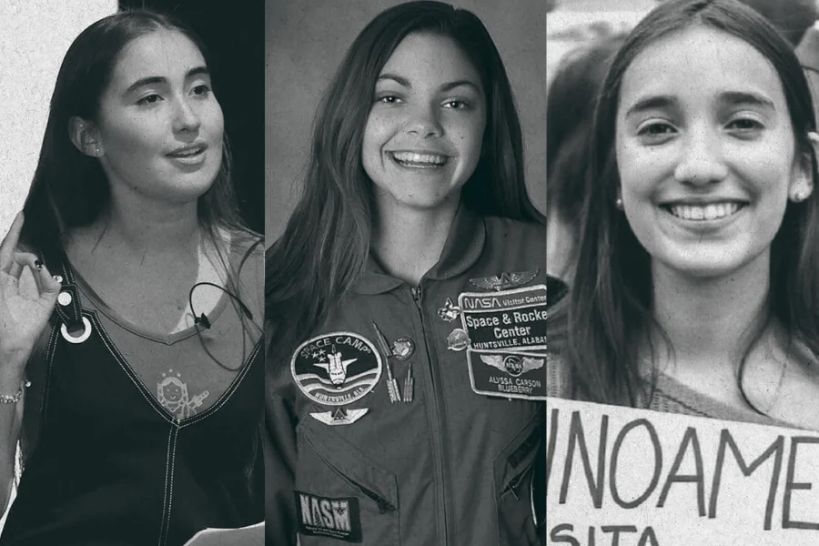 Collage de tres jóvenes: una con micrófono, otra con uniforme de Space Camp NASA, y una tercera sosteniendo un cartel de protesta.