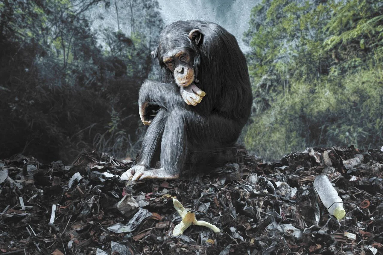 Chimpancé con aspecto abatido sentado sobre un montón de residuos en un entorno forestal, con una cáscara de banana al frente.