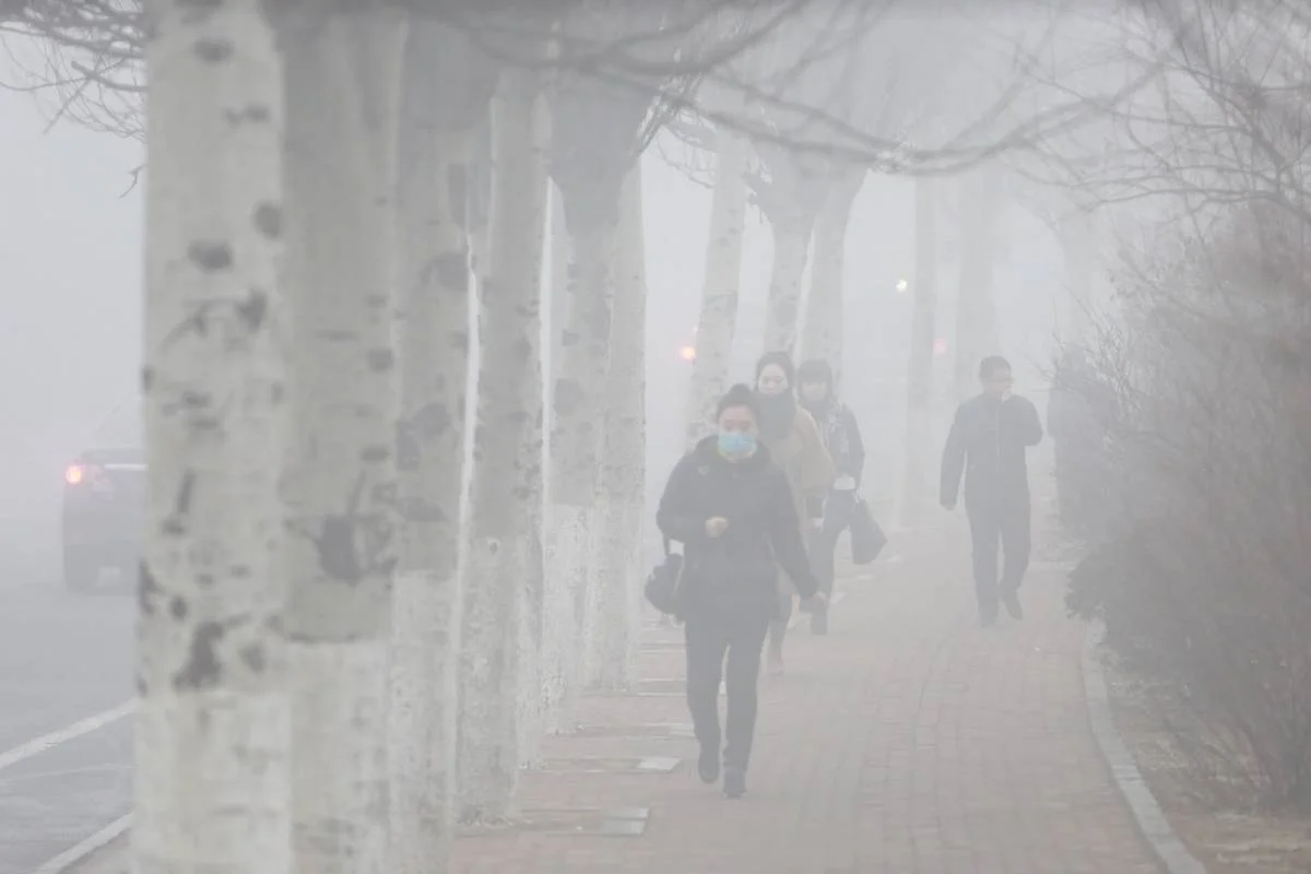 Varias personas caminan por una acera arbolada envuelta en densa niebla contaminante; una de ellas lleva mascarilla.