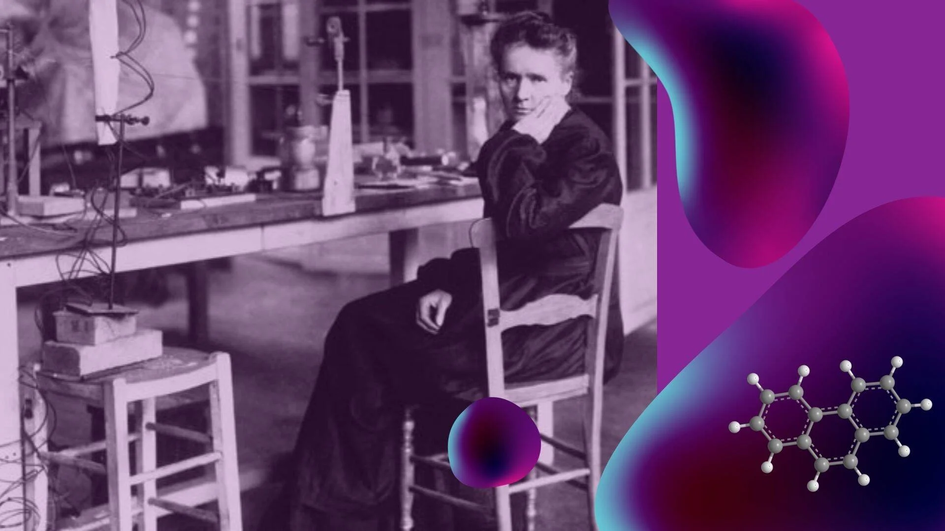 Fotografía histórica en tonos violetas de una mujer sentada en un laboratorio antiguo, junto a ilustraciones digitales de una molécula química.