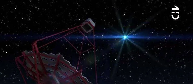 Ilustración animada de un radiotelescopio apuntando hacia una intensa fuente de luz en el espacio estrellado.