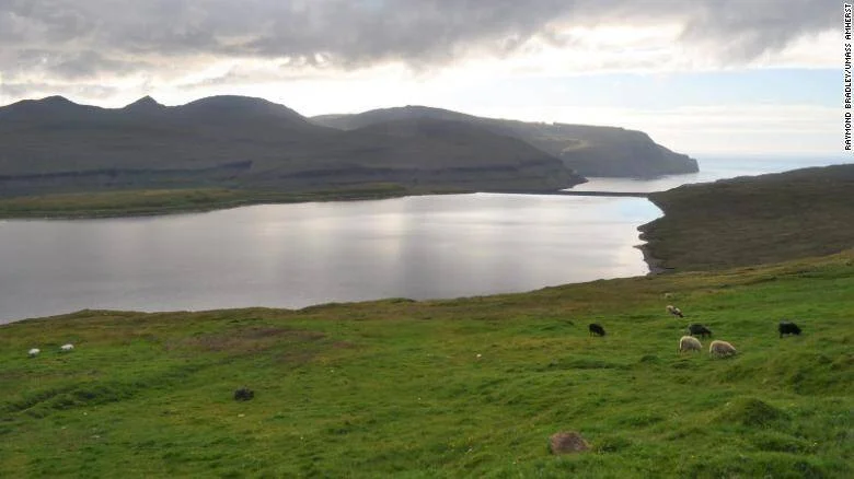 Ovejas pastando en colina verde junto a un lago costero rodeado de montañas bajo cielo nublado.