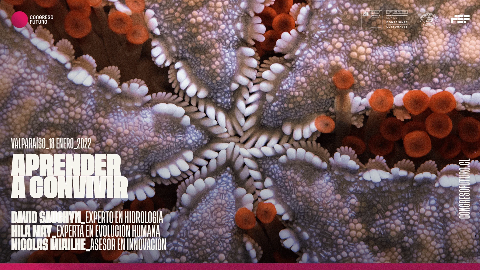 Afiche del Congreso Futuro en Valparaíso, 18 enero 2022, con la charla 'Aprender a Convivir' sobre una macro fotografía de coral.