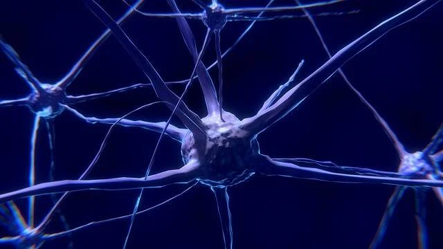 Ilustración 3D de una neurona y sus conexiones sinápticas sobre fondo azul profundo.
