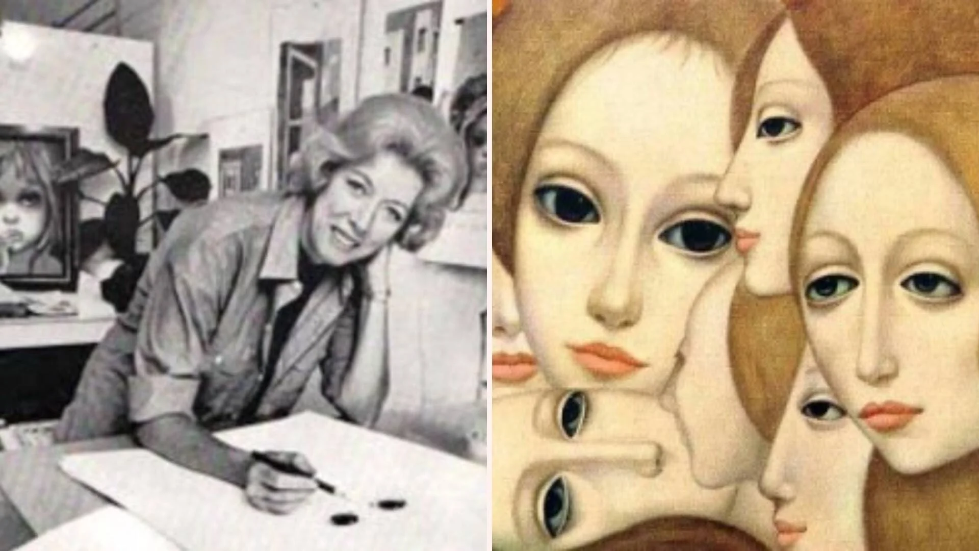 Foto en blanco y negro de una pintora sonriente en su estudio, junto a una pintura de múltiples rostros femeninos con grandes ojos.