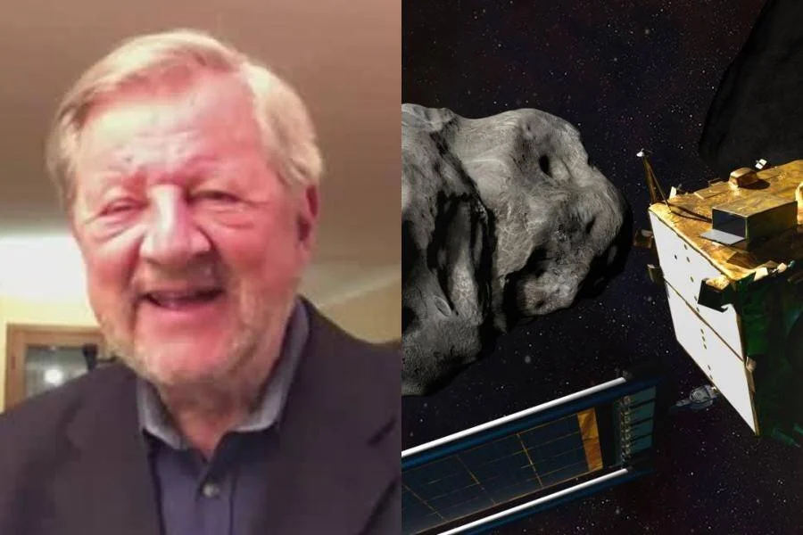 Hombre mayor sonriente junto a ilustración de una nave espacial aproximándose a un asteroide en el espacio.