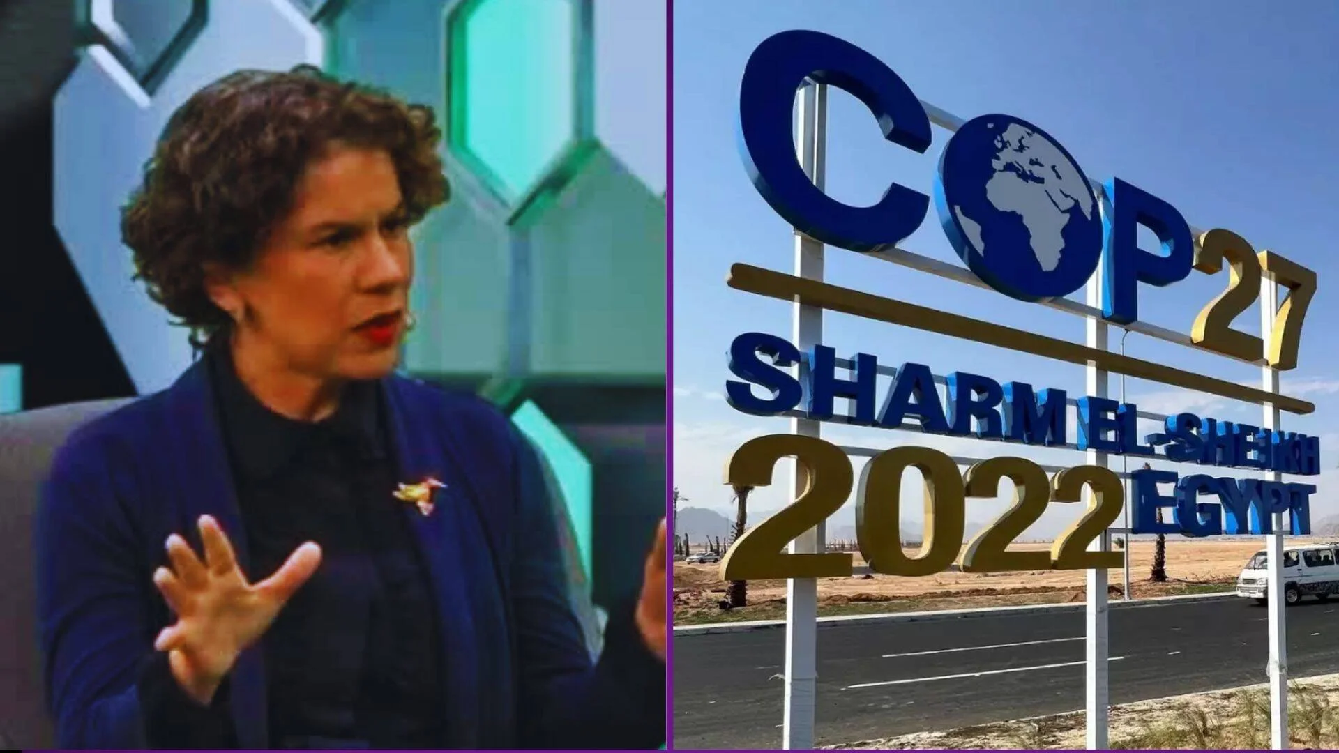 Mujer gesticulando durante una entrevista junto al cartel oficial de la COP27 en Sharm el-Sheikh, Egipto 2022.