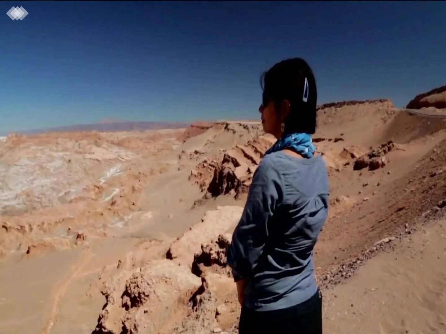 Una mujer de espaldas contempla un extenso valle desértico rocoso con depósitos de sal bajo un cielo azul despejado.