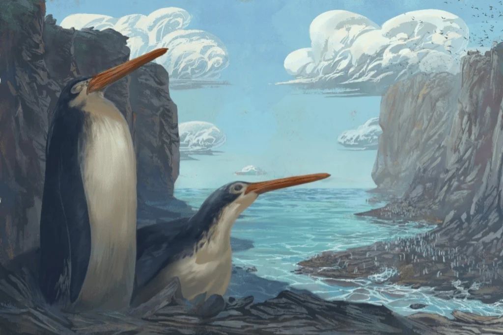 Reconstrucción artística de dos pingüinos prehistóricos de pico largo y rojizo posados sobre rocas junto al mar.
