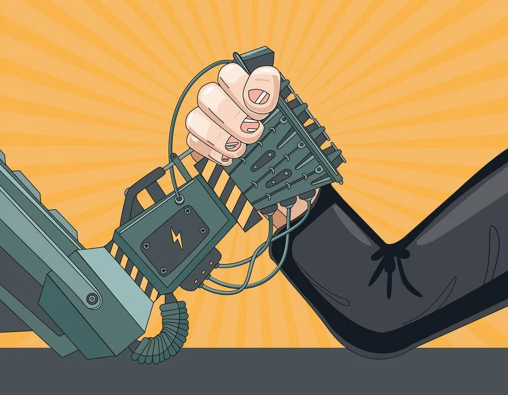 Ilustración de un brazo robótico y un brazo humano enfrentados en un pulso, simbolizando la competencia entre inteligencia artificial y personas.