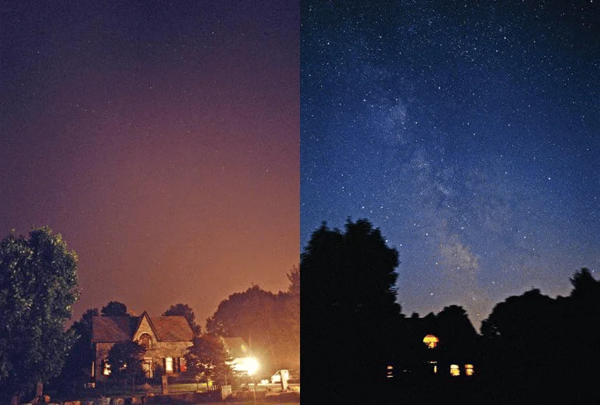 Comparación entre un cielo nocturno naranja por contaminación lumínica y un cielo oscuro donde se aprecia la Vía Láctea.