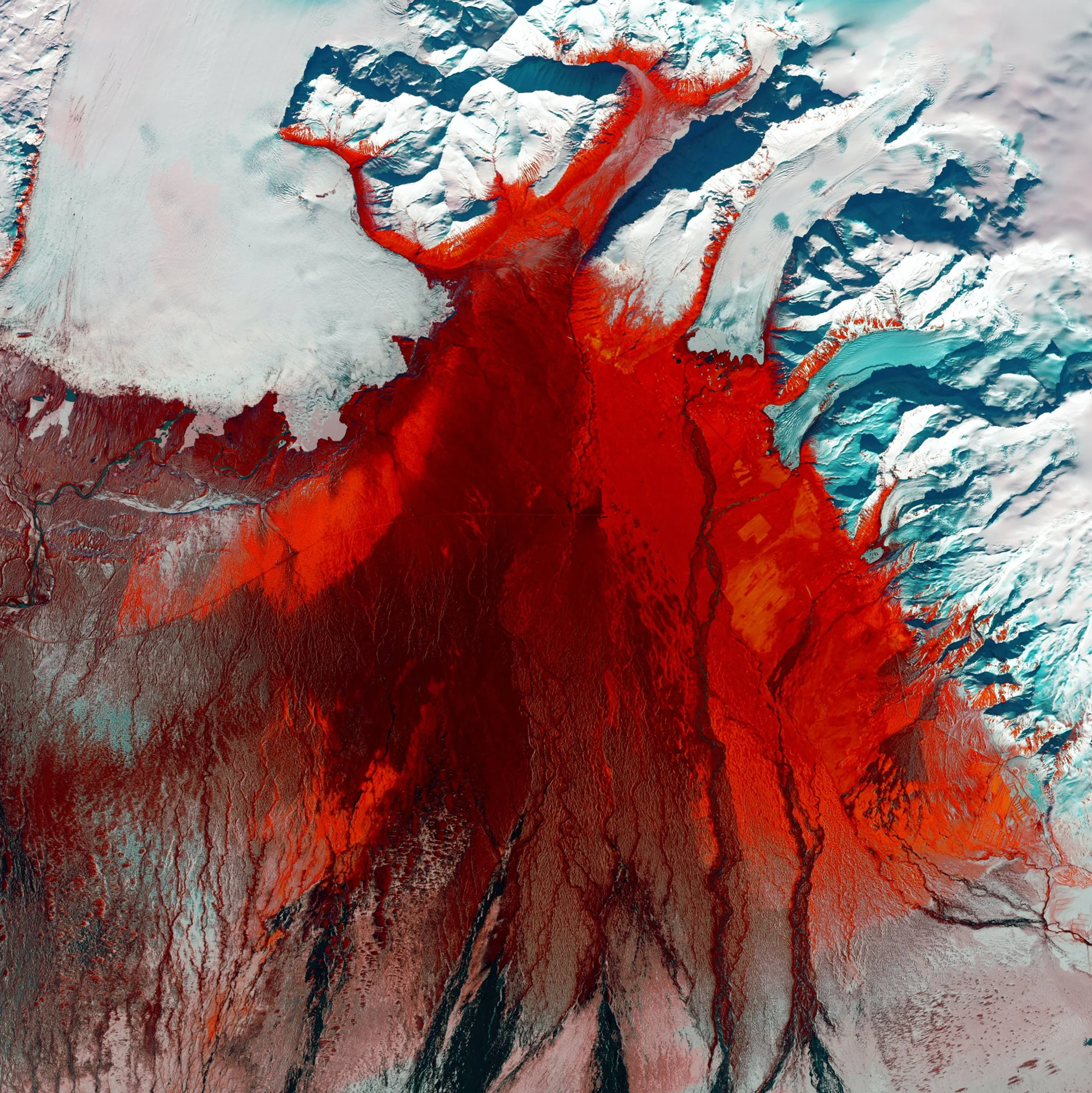 Vista satelital en falso color infrarrojo que muestra glaciares blancos, lagos turquesa y vegetación densa en rojo intenso.
