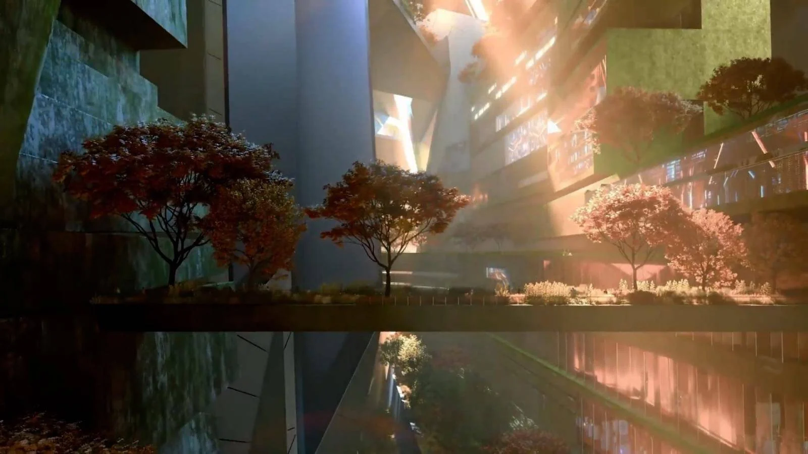 Visualización arquitectónica de una ciudad futurista con árboles de follaje rojizo integrados entre edificios de diseño vanguardista iluminados.
