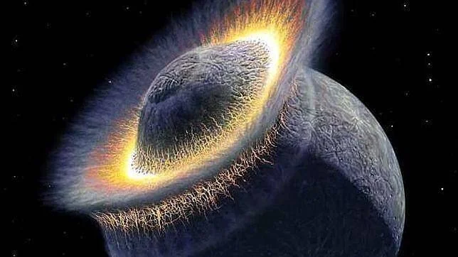 Recreación artística de un asteroide impactando contra la superficie de un planeta rocoso con una llamarada de fuego.