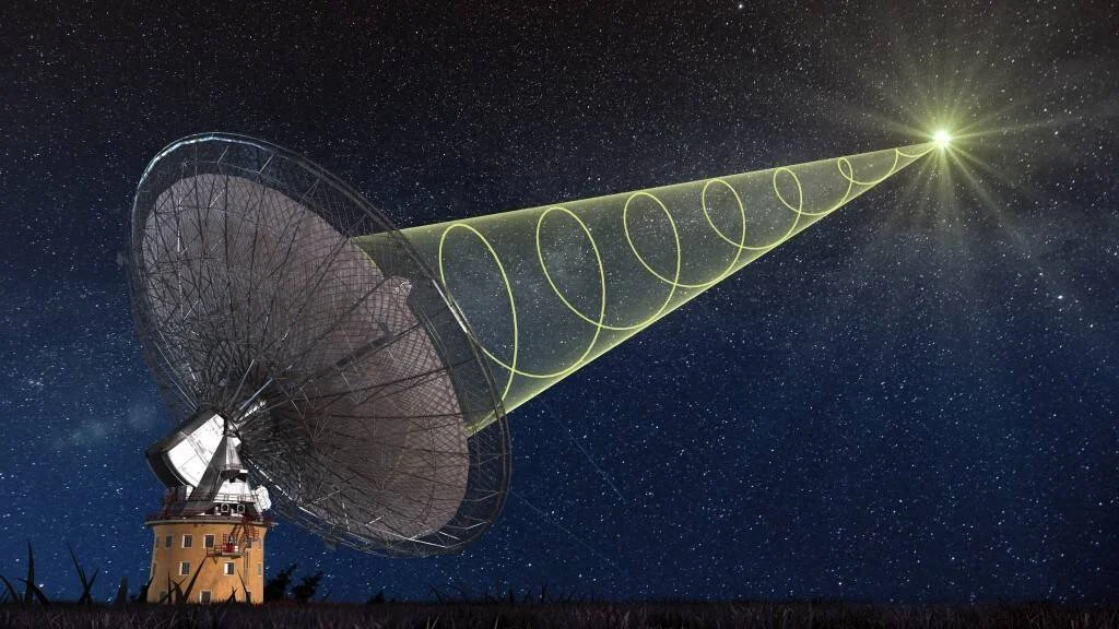 Ilustración artística de un radiotelescopio recibiendo un destello de radio rápido (FRB) proveniente del espacio profundo, representado como una onda helicoidal luminosa.