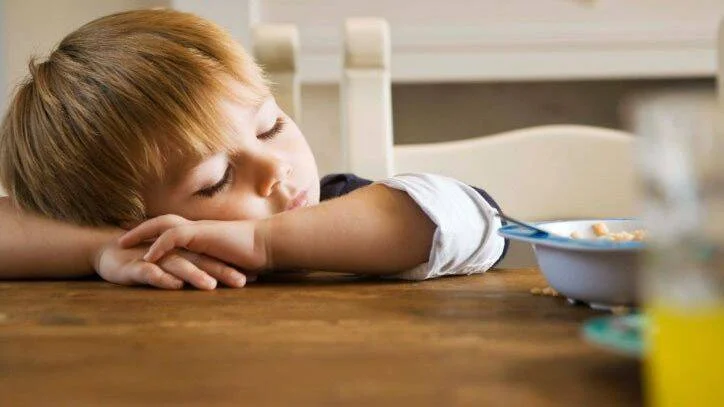 Niño pequeño dormido sobre la mesa junto a un tazón de cereal sin terminar.