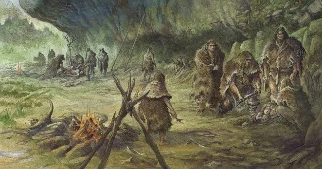 Recreación artística de un grupo de homínidos prehistóricos reunidos cerca de una fogata en un campamento rupestre.