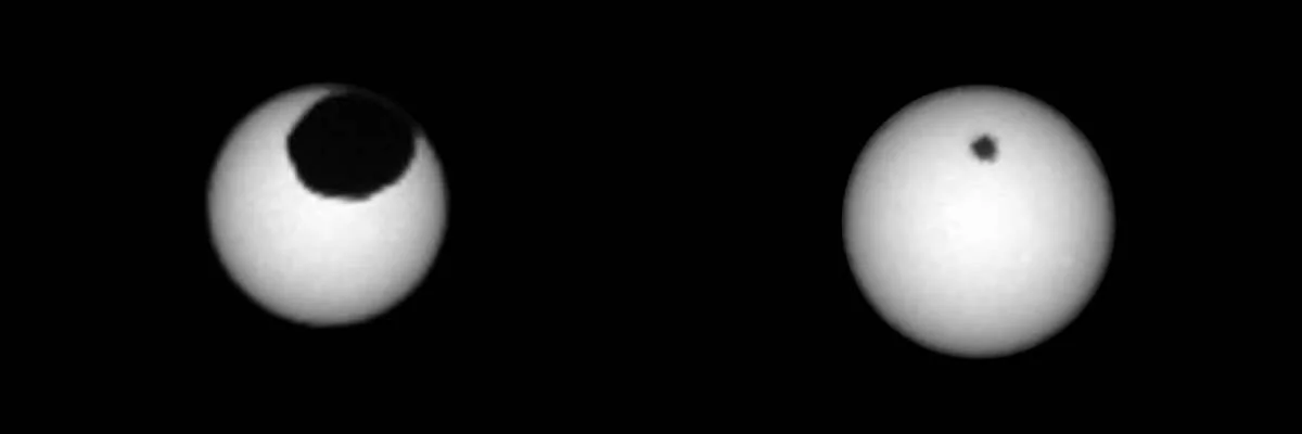 Dos imágenes en blanco y negro muestran un planeta oscuro transitando frente al disco solar, uno casi cubriendo el Sol y otro como pequeño punto.
