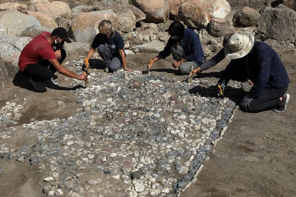 Cuatro arqueólogos arrodillados trabajan con herramientas sobre un mosaico de piedras descubierto en una excavación al aire libre.
