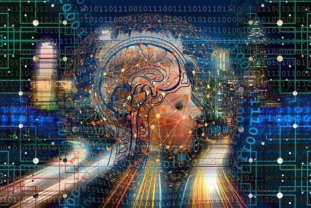Perfil de cabeza humana con cerebro visible superpuesto sobre código binario y ciudad nocturna, representando la inteligencia artificial.