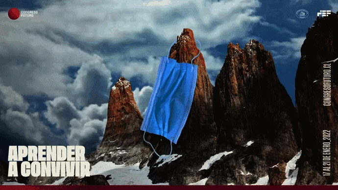 Afiche de Congreso Futuro 2022 con el lema 'Aprender a convivir' y una mascarilla azul superpuesta sobre las Torres del Paine.