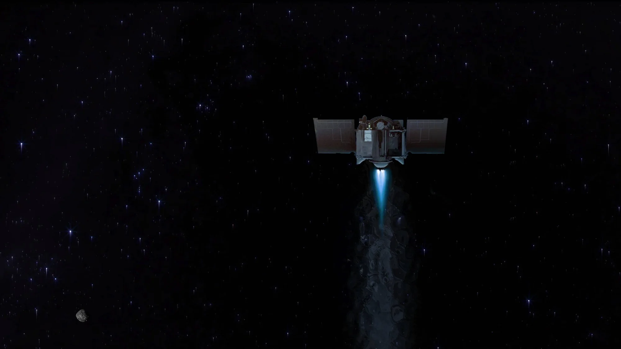 Ilustración artística de una sonda espacial con paneles solares disparando sus propulsores al alejarse de un pequeño asteroide.