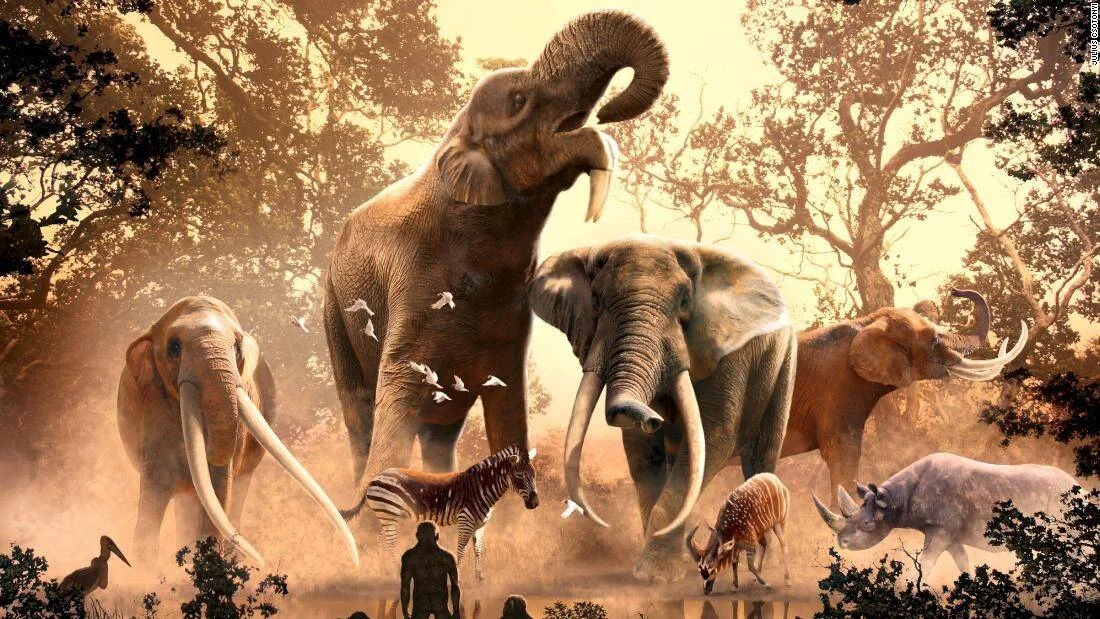 Recreación artística de megafauna prehistórica africana: elefantes de gran tamaño, cebra, antílope, rinoceronte y homínidos en un paisaje boscoso.