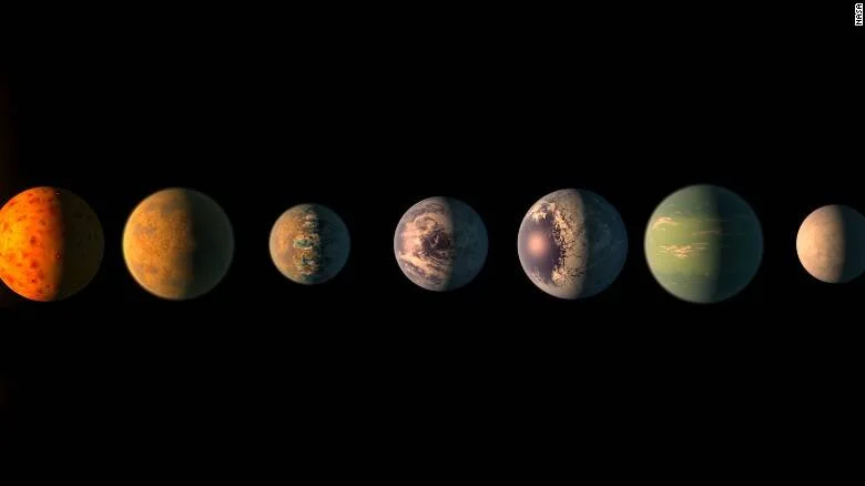 Ilustración artística de los siete planetas del sistema TRAPPIST-1 alineados sobre fondo negro, con distintas superficies y atmósferas.
